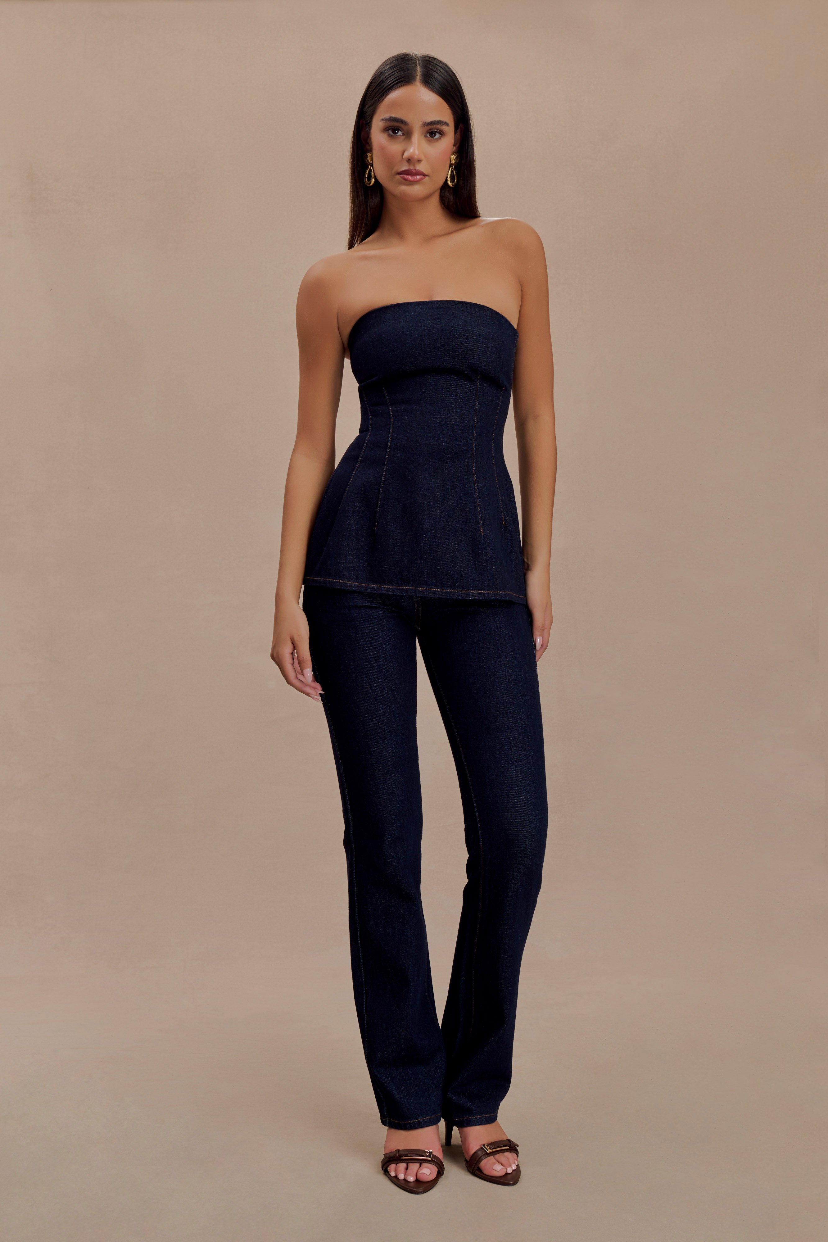Levaru Madelyn Straplez Longline Denim Üst - İndigo Mavi