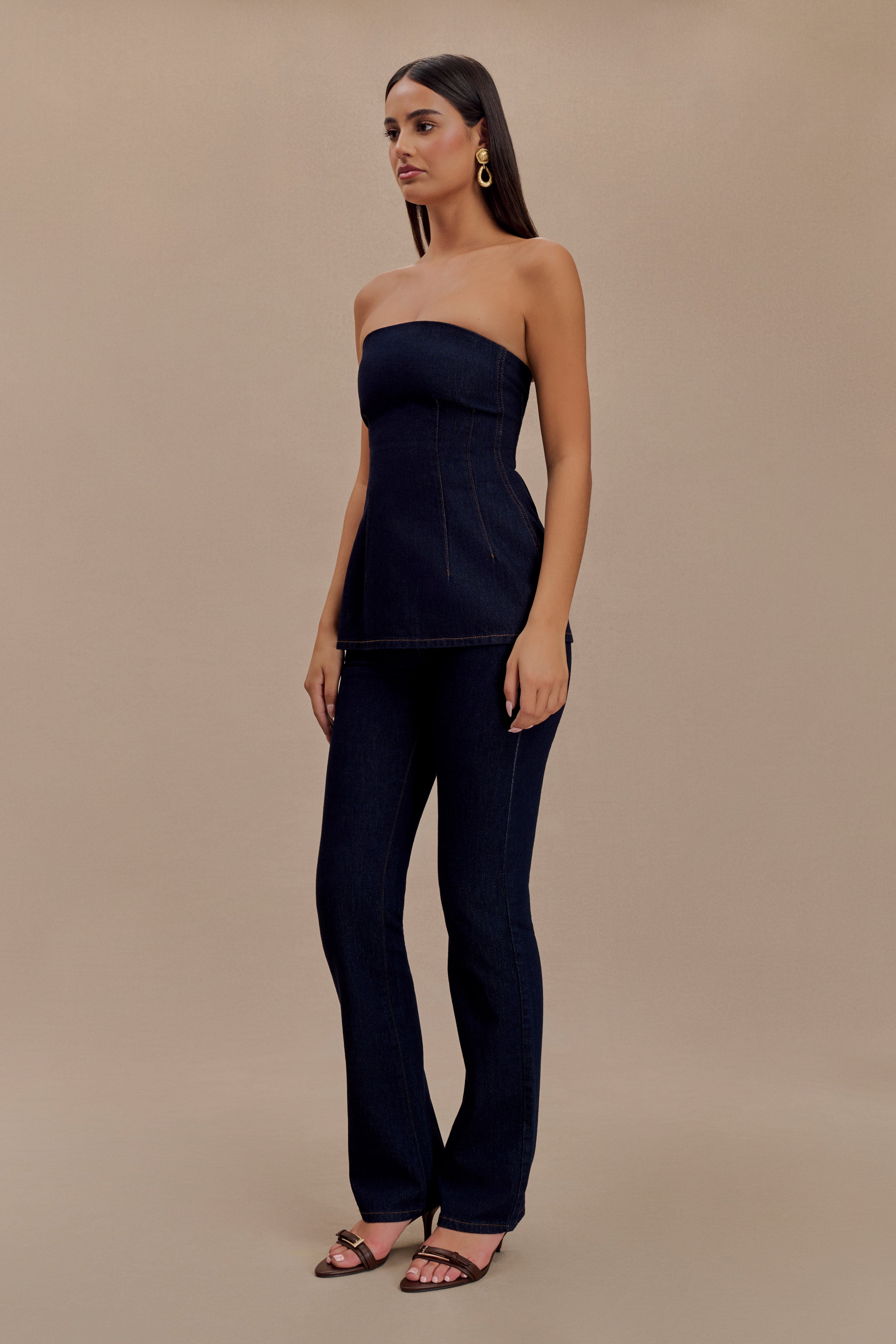 Levaru Madelyn Straplez Longline Denim Üst - İndigo Mavi