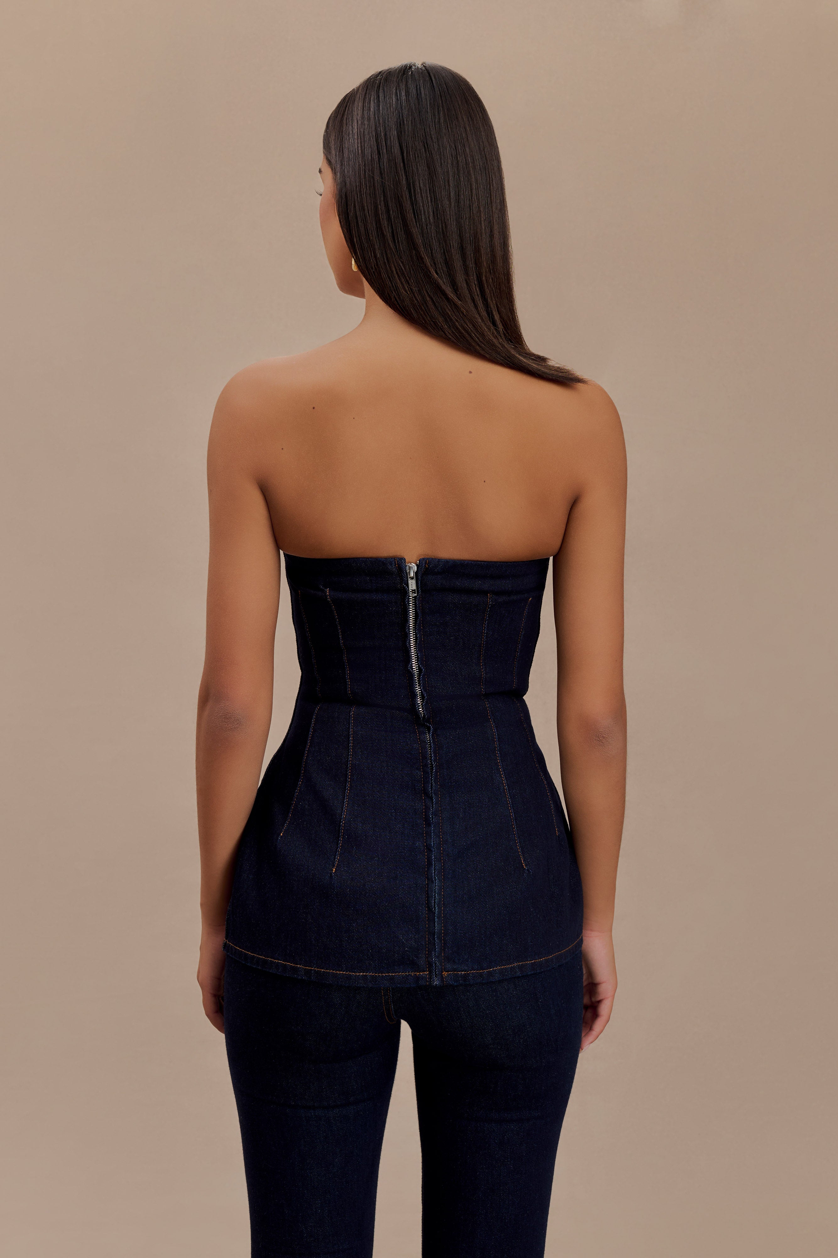 Levaru Madelyn Straplez Longline Denim Üst - İndigo Mavi