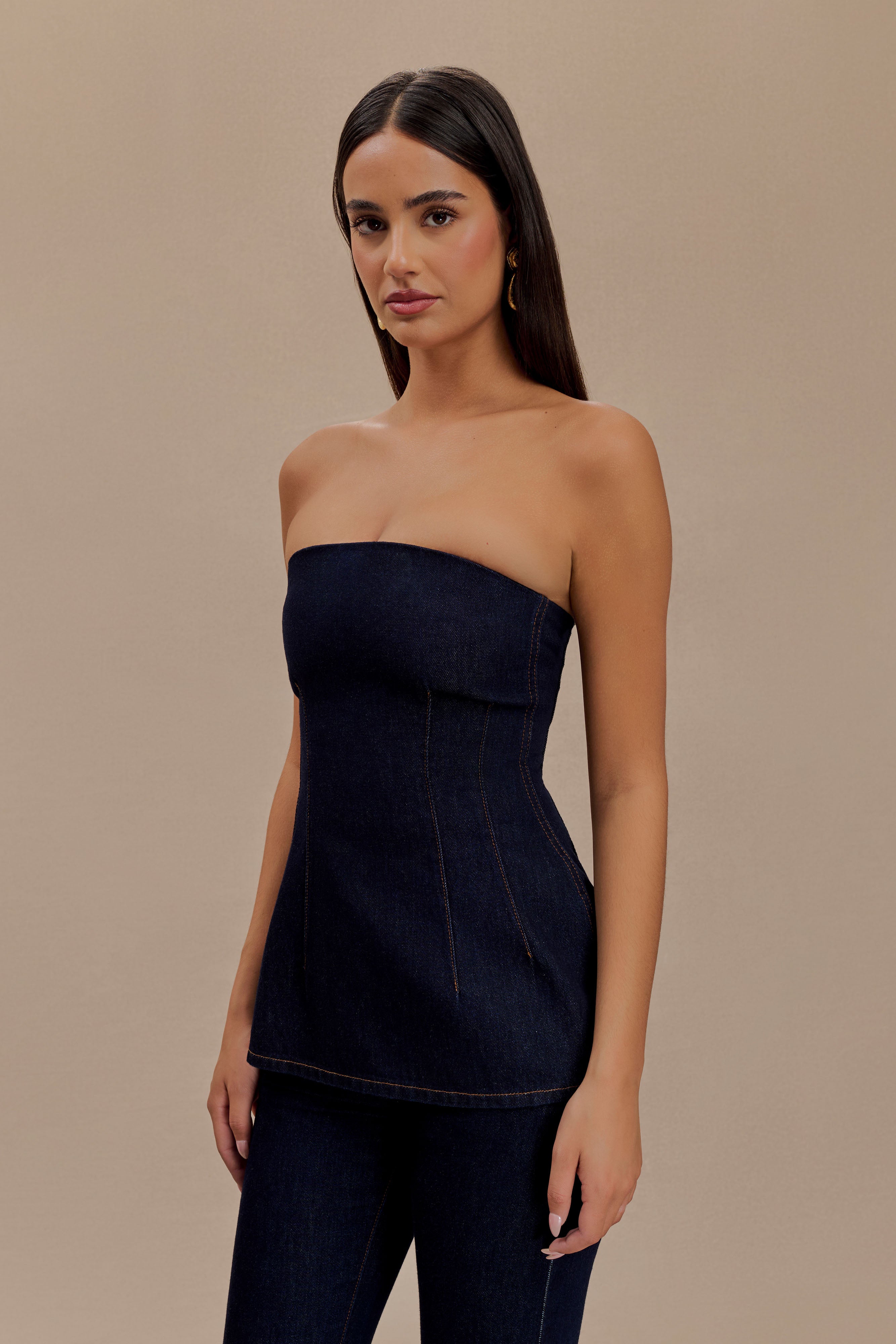 Levaru Madelyn Straplez Longline Denim Üst - İndigo Mavi