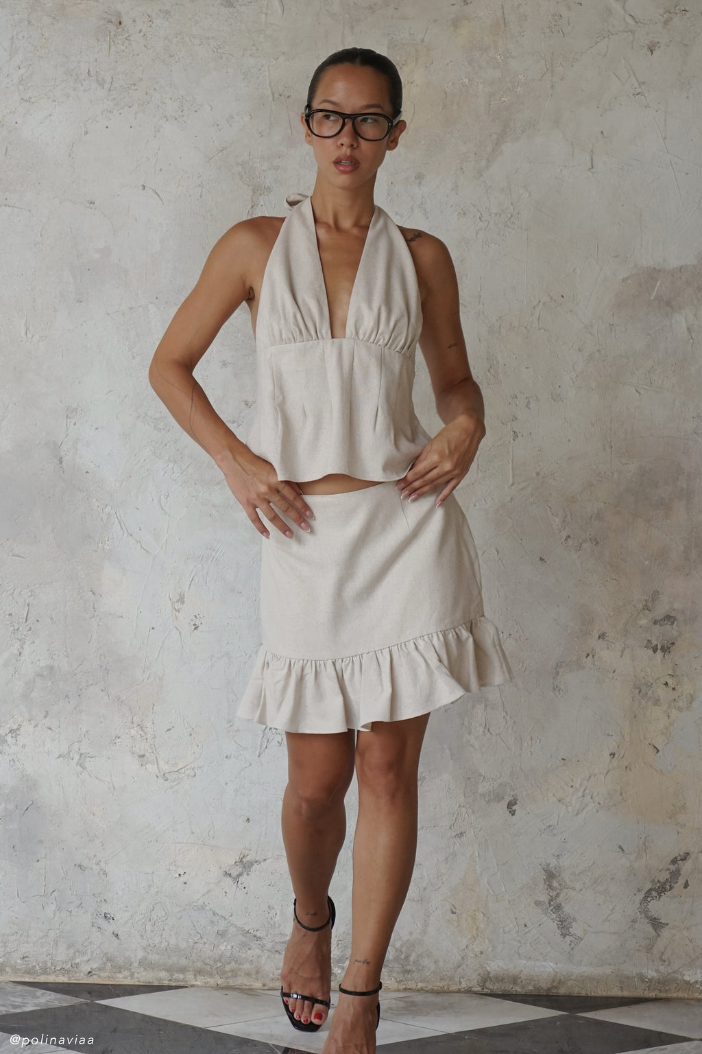 Levauro Delfina Fırfırlı Keten Mini Etek - Naturel