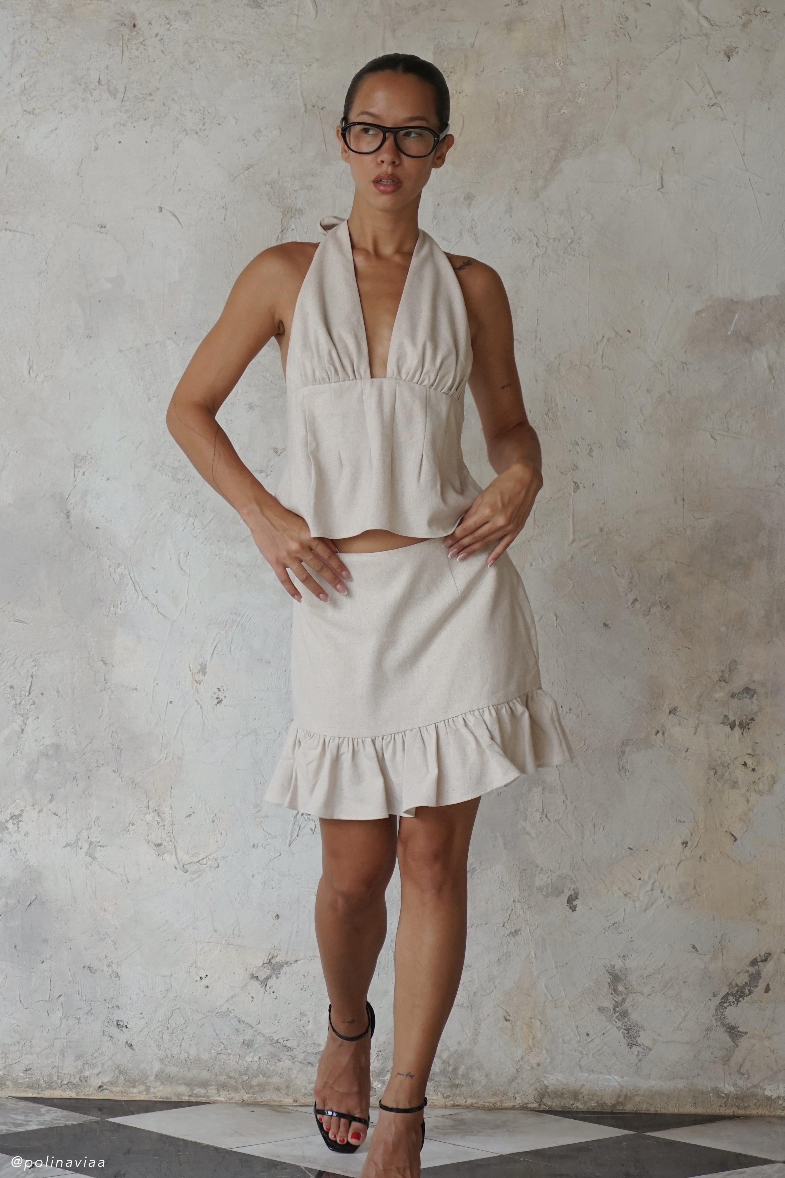 Levauro Delfina Fırfırlı Keten Mini Etek - Naturel