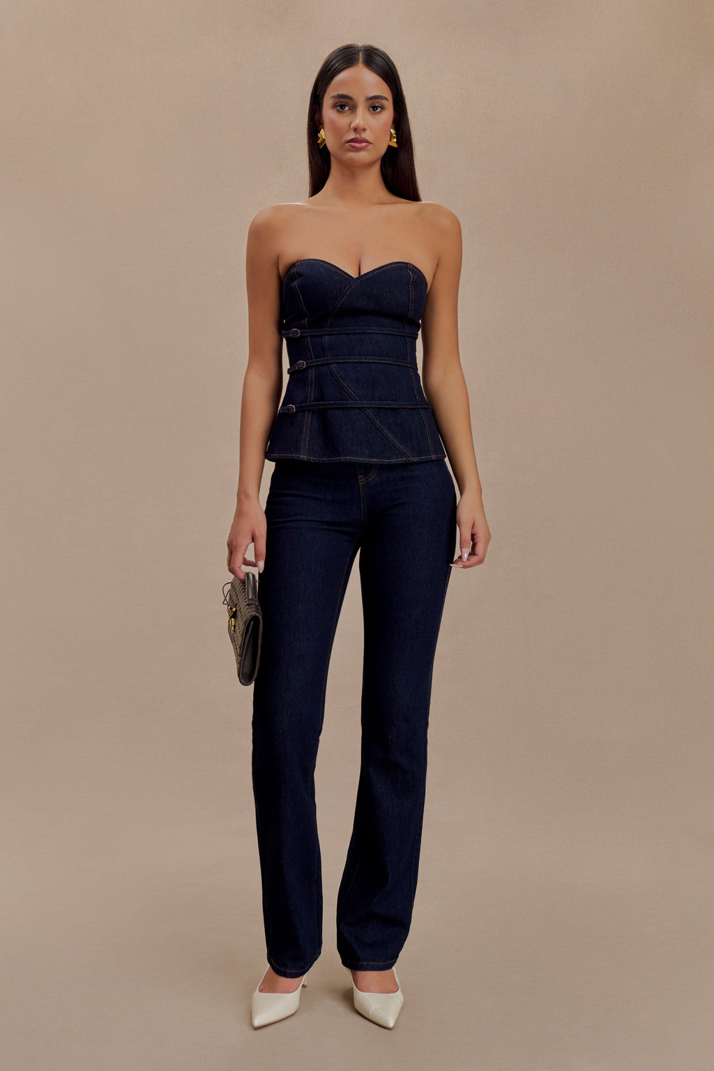 Levaru  Sylas Straplez Tokalı Denim Üst - İndigo Mavi