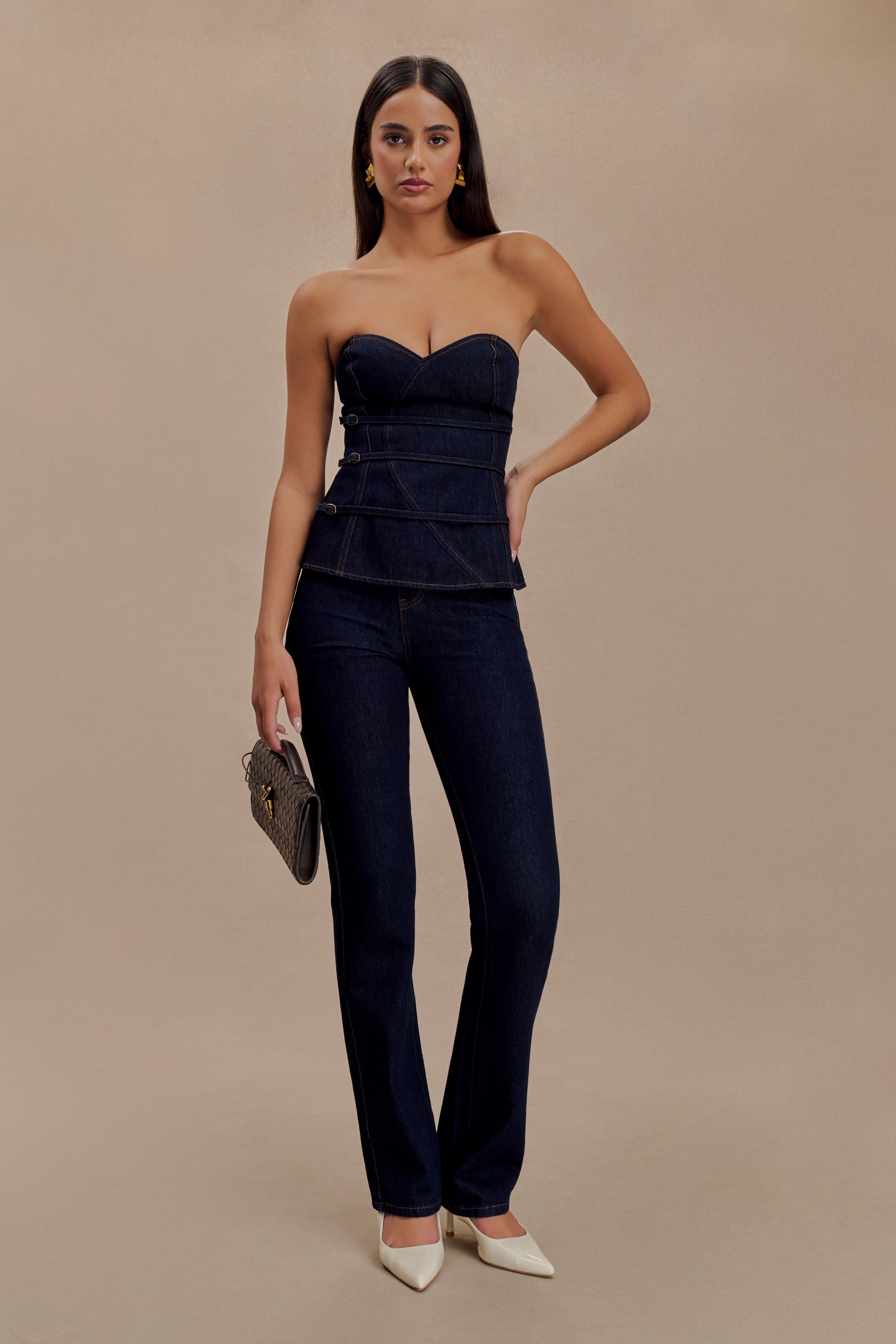 Levaru  Sylas Straplez Tokalı Denim Üst - İndigo Mavi