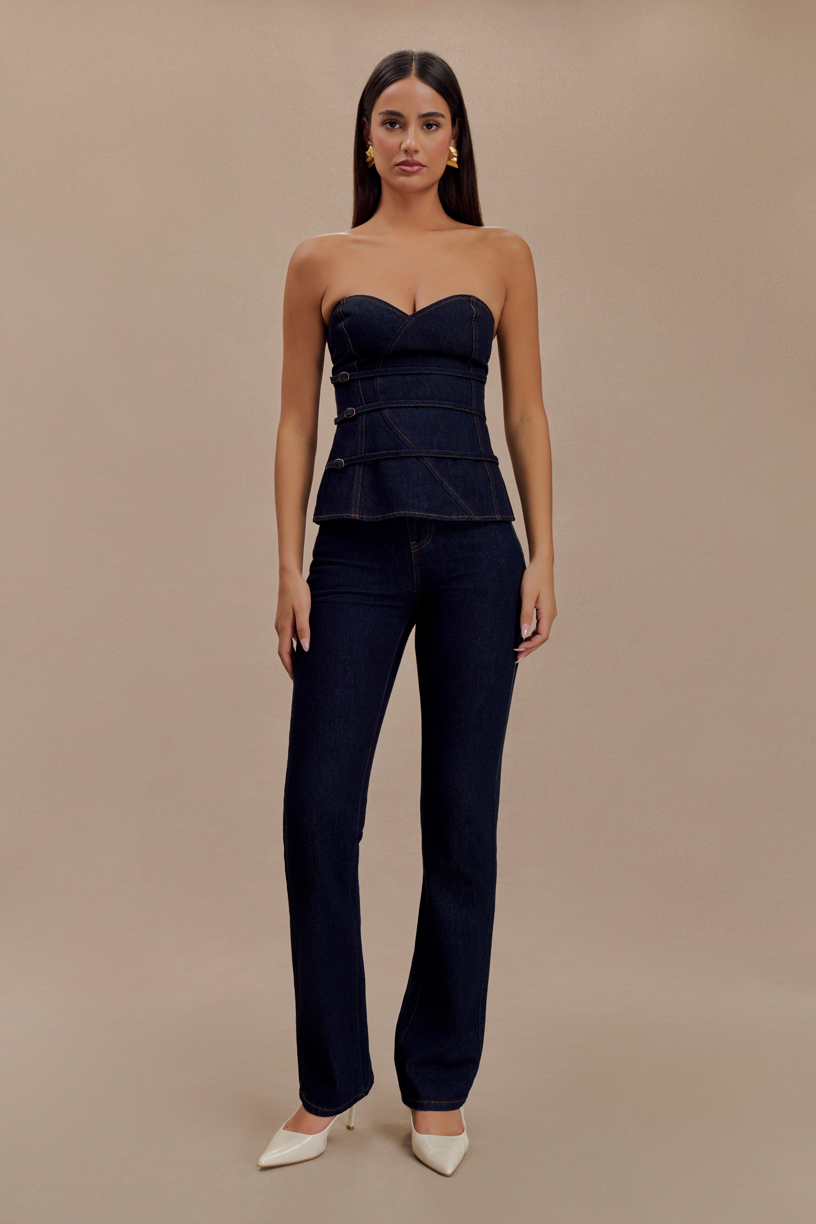 Levaru  Sylas Straplez Tokalı Denim Üst - İndigo Mavi