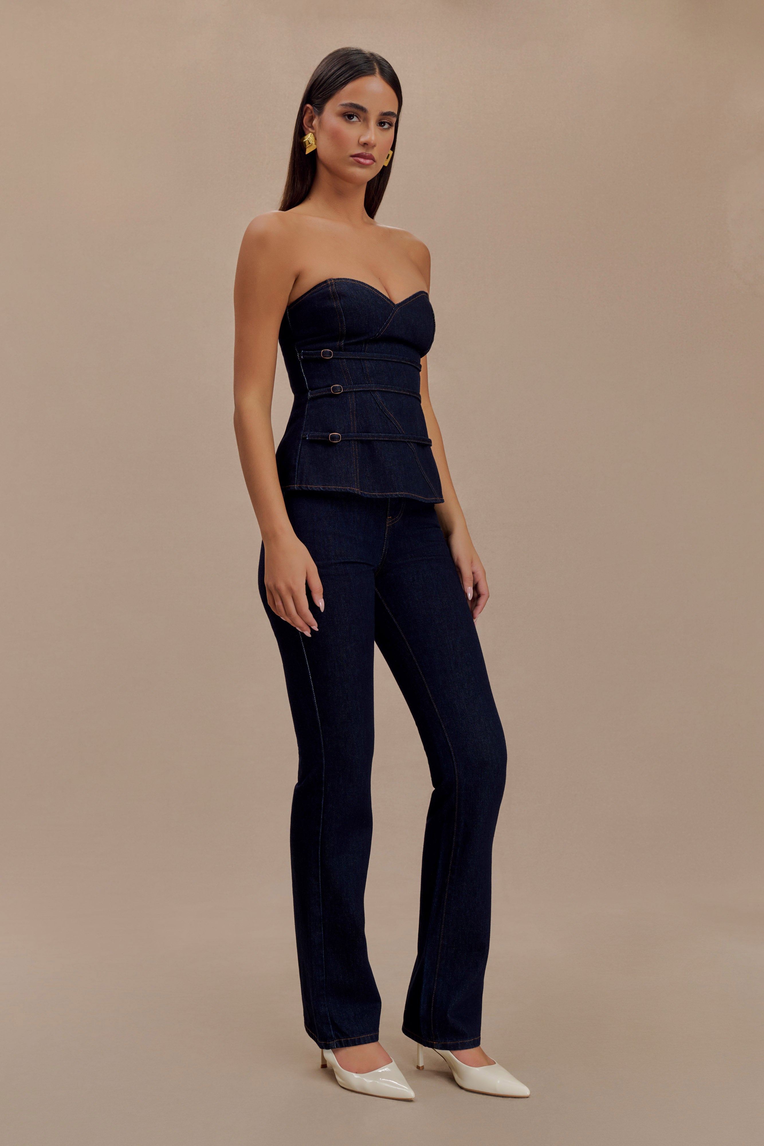 Levaru  Sylas Straplez Tokalı Denim Üst - İndigo Mavi