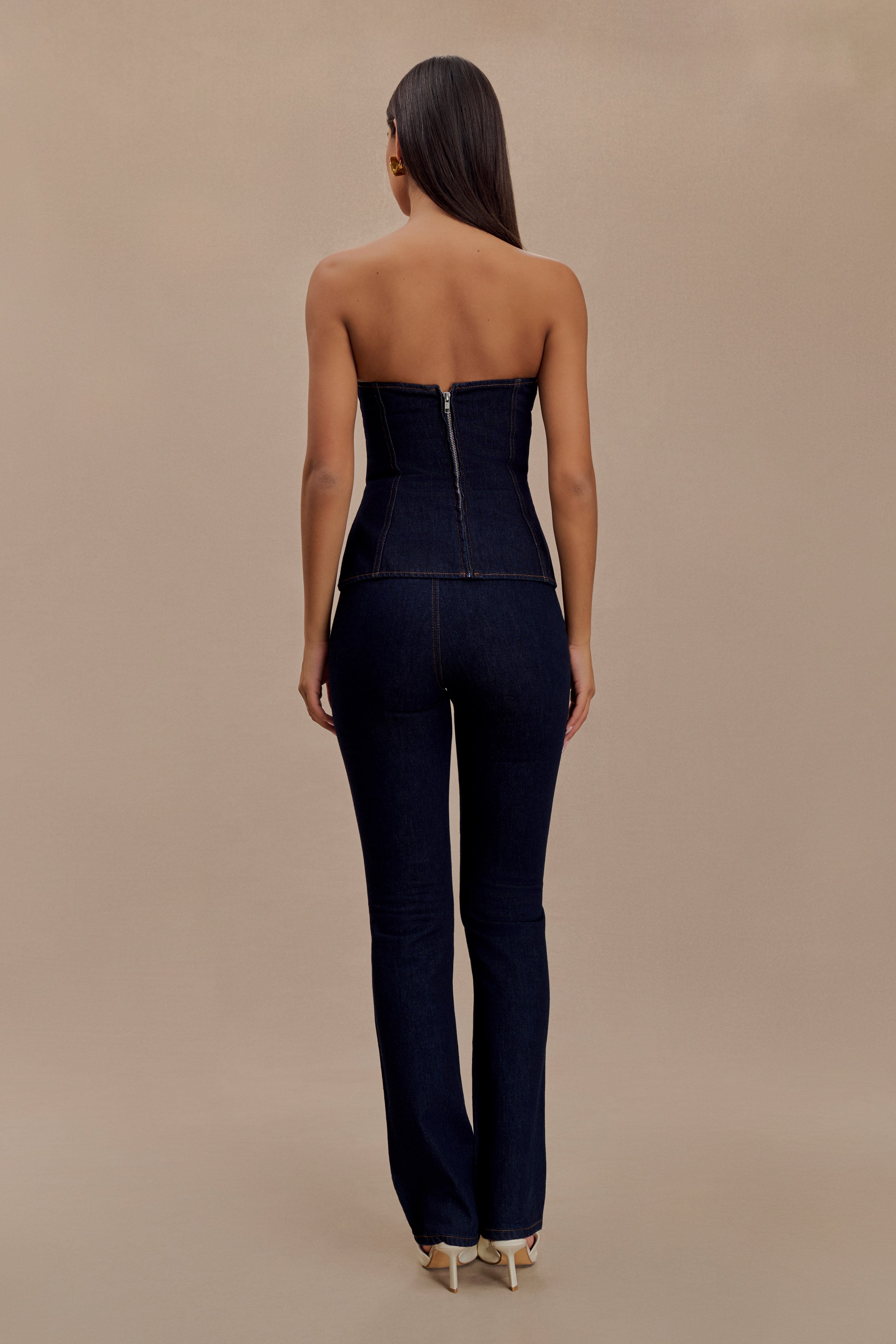 Levaru  Sylas Straplez Tokalı Denim Üst - İndigo Mavi