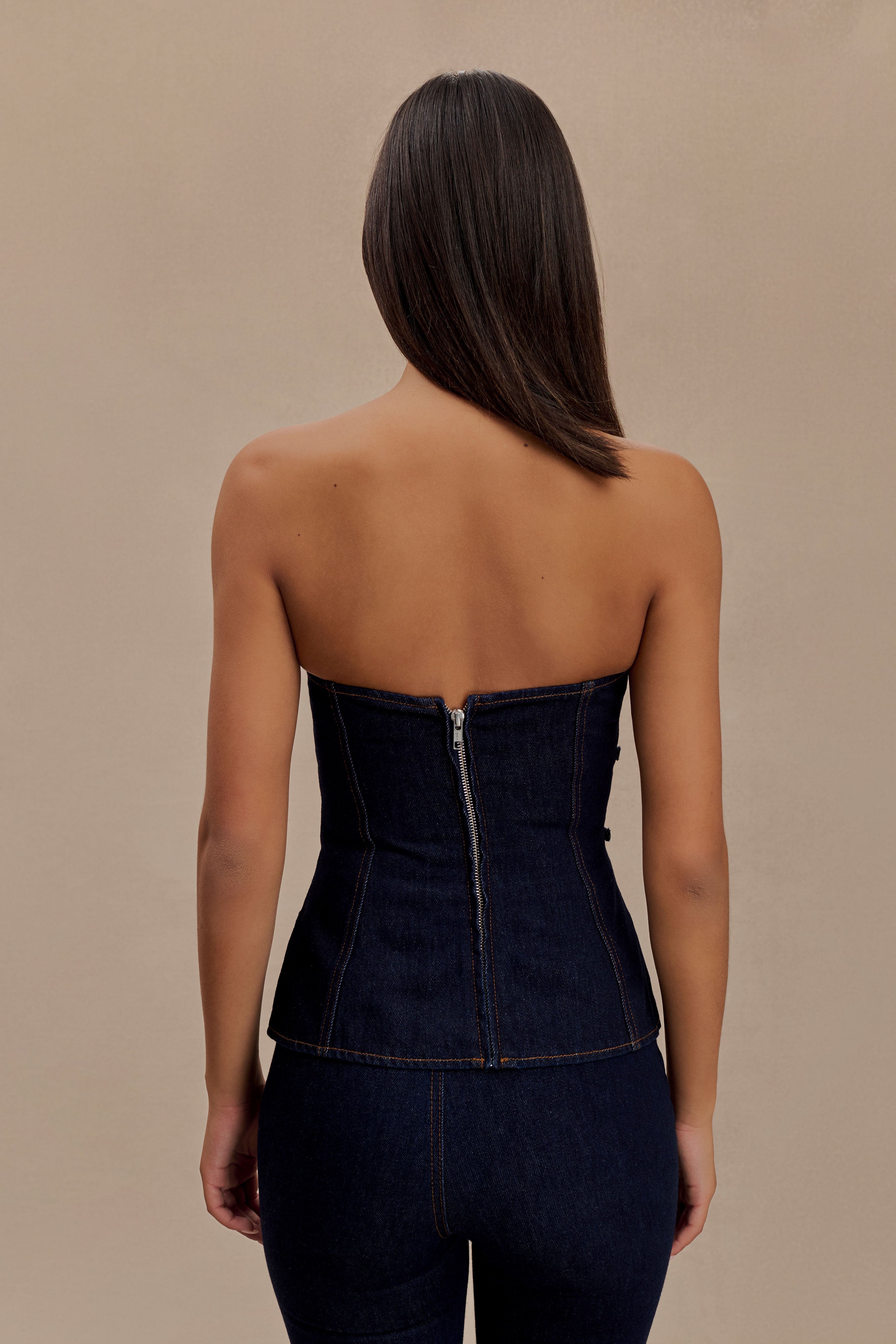 Levaru  Sylas Straplez Tokalı Denim Üst - İndigo Mavi
