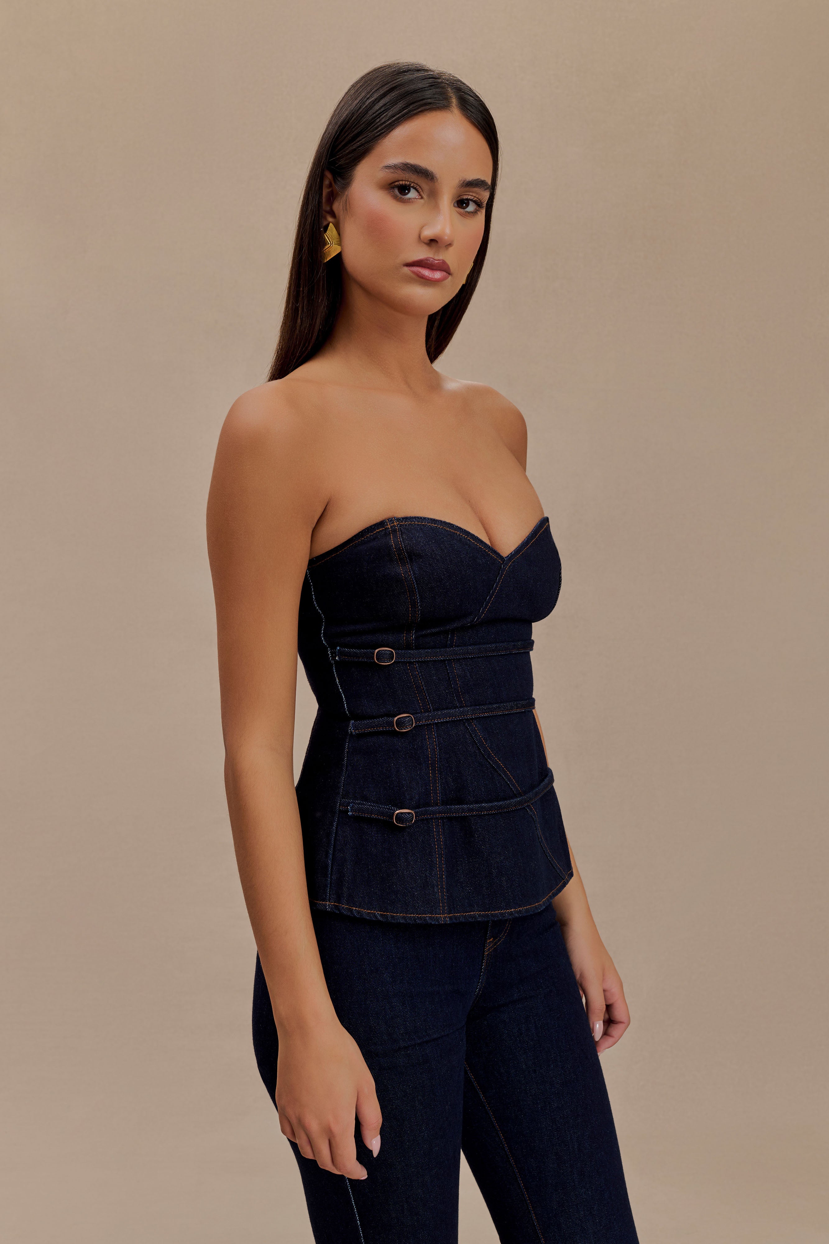 Levaru  Sylas Straplez Tokalı Denim Üst - İndigo Mavi